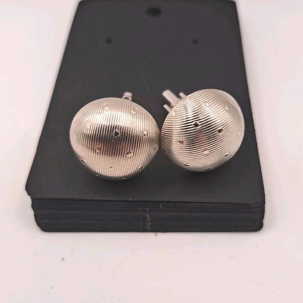Vintage Silver Tone Textured Dome Clip On Earrings Studded Orb Button Retro